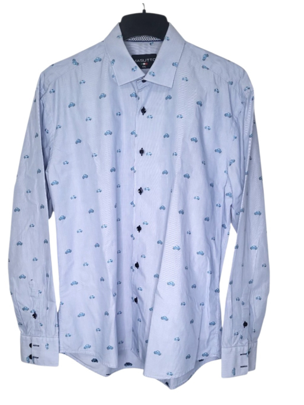 Masutto Men's Shirt Size XXL Blue Embroidered Scooter & Car Contrast Cuffs